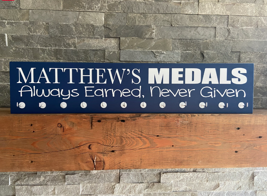 Personalized Medal Hanger with quote - 5" x 24" - MDF - with 12 hangers