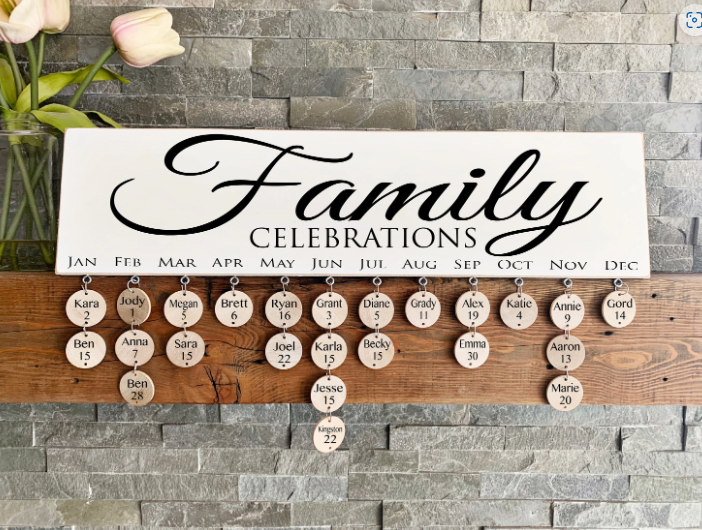 Birthdays and Anniversaries Sign - Perpetual Birthday Calendar Board with tags - Family Celebrations
