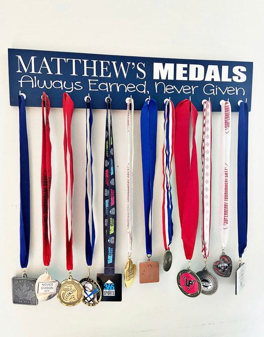 Personalized Medal Hanger with quote  - 5" x 24" - MDF - with 12 hangers
