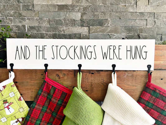 Stocking hanger - Stocking display with hooks - Wood stocking hanger - no fireplace