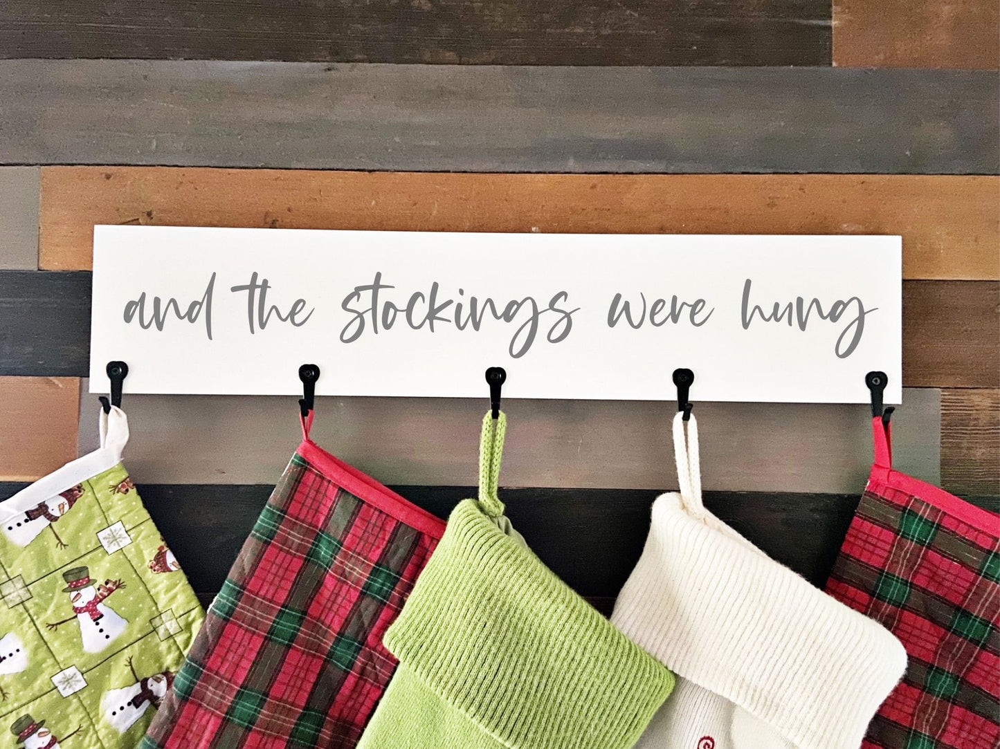 Stocking hanger - Stocking display with hooks - Wood stocking hanger - no fireplace