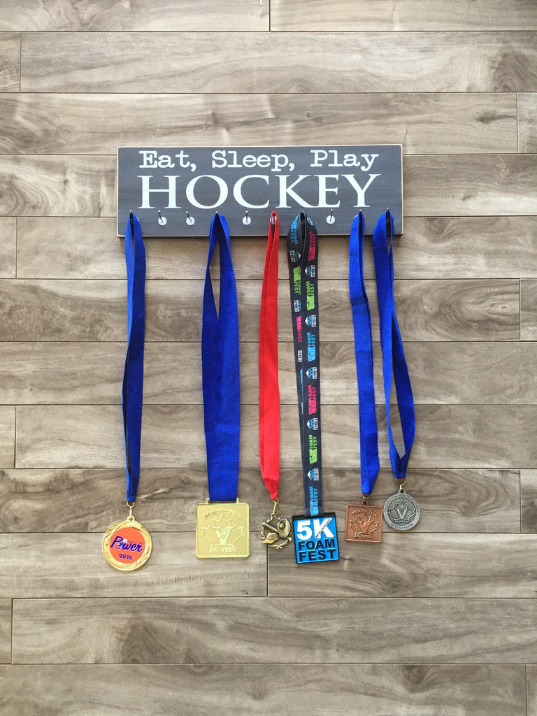 Eat, Sleep, Play Hockey medal hanger  - 5" x 16" - MDF - with 10 hangers